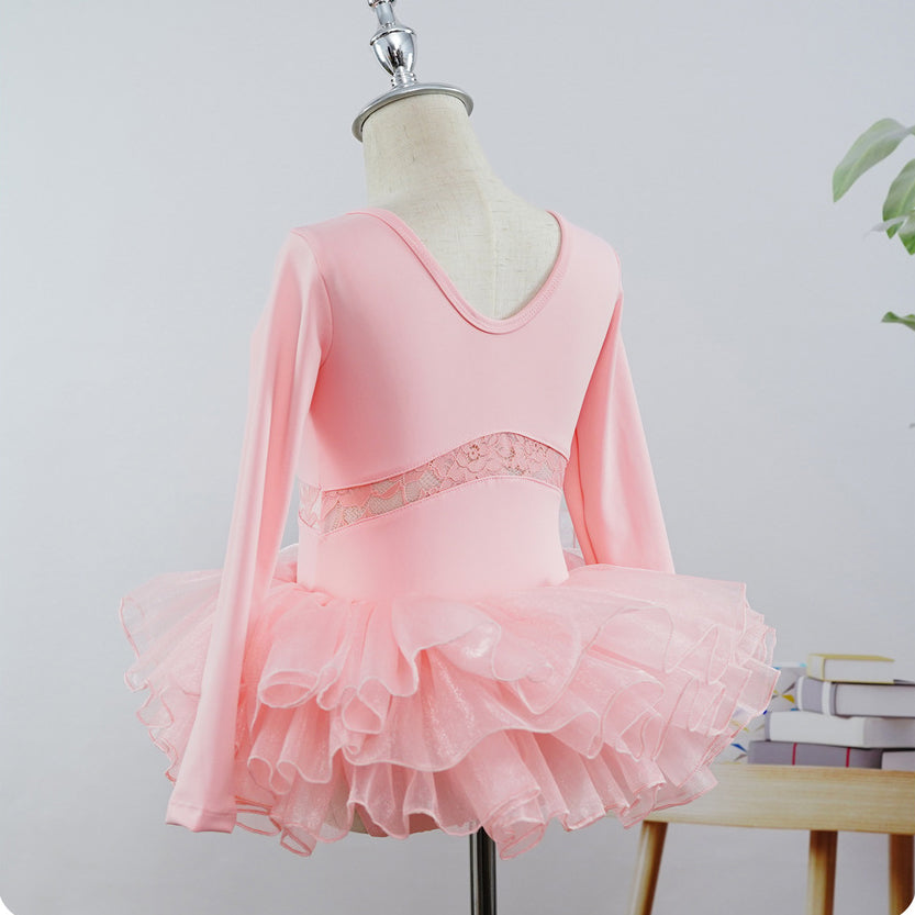 Girls Floral Lace Ballet Leotard Dress Long Sleeves Sheer Waistline Dance Activewear with Tutu Skirt
