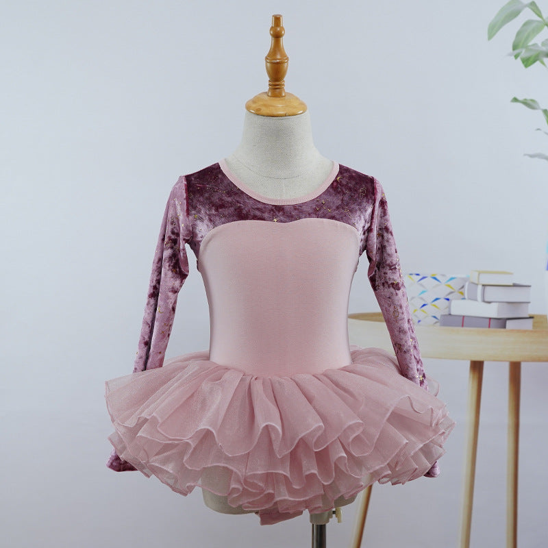 Purple Pink Velvet Top Ballet Leotard Long Sleeves Ballet Training Dance Leotard Dress