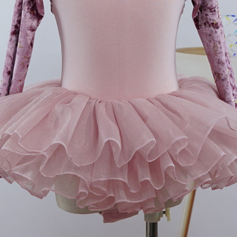 Purple Pink Velvet Top Ballet Leotard Long Sleeves Ballet Training Dance Leotard Dress