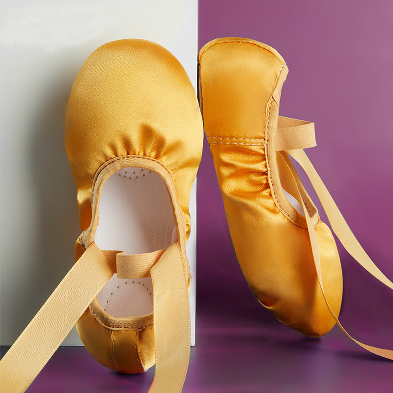 Girls Satin Ballet Shoes with Ribbon Split Sole Dance Gymnastics Performance Flats for Kids