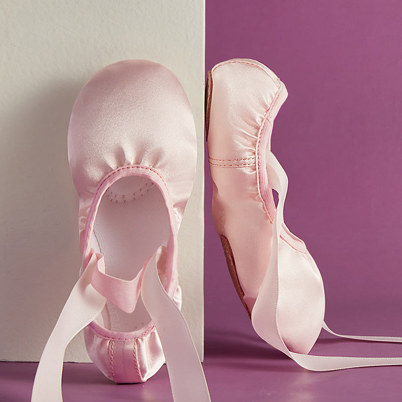 Girls Satin Ballet Shoes with Ribbon Split Sole Dance Gymnastics Performance Flats for Kids
