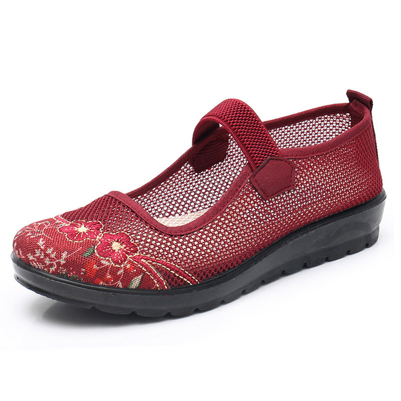 Womens Breathable Mesh Mary Jane Flat Shoes Lightweight Old Lady Non Slip Causal Shoes