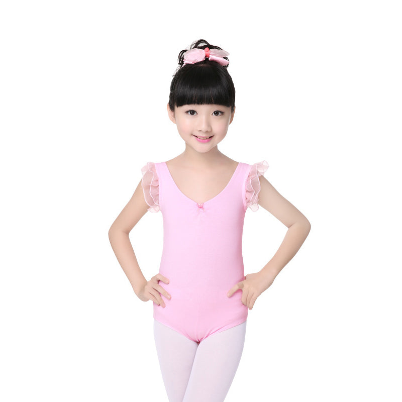 Girls Pink V Neck Dance Leotard Snap Crotch Ruffled Trim Sleeveless Ballet Leotards Activewear