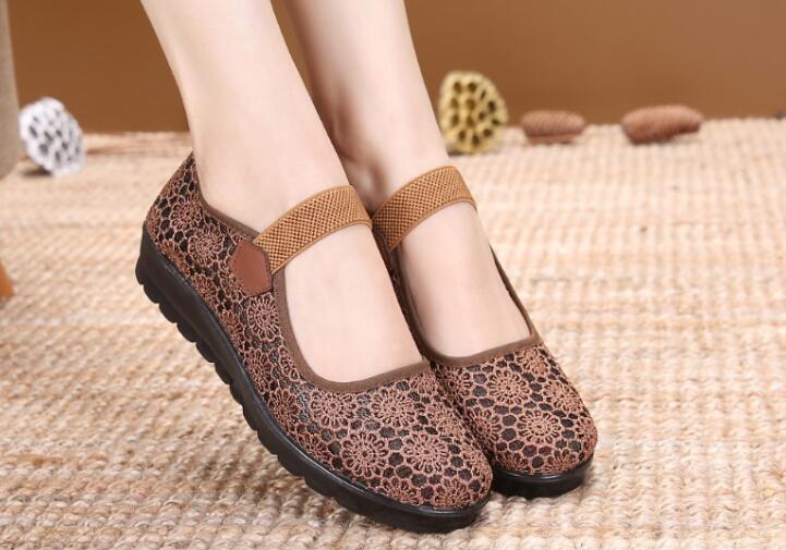 Womens Hollow Out Granny Walk Shoes Breathable Soft-Soled Mary Jane Flats Dance Shoes