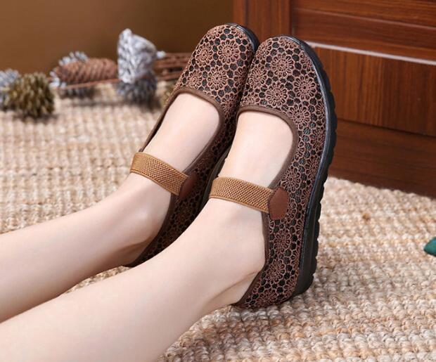 Womens Hollow Out Granny Walk Shoes Breathable Soft-Soled Mary Jane Flats Dance Shoes