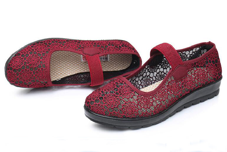Womens Hollow Out Granny Walk Shoes Breathable Soft-Soled Mary Jane Flats Dance Shoes