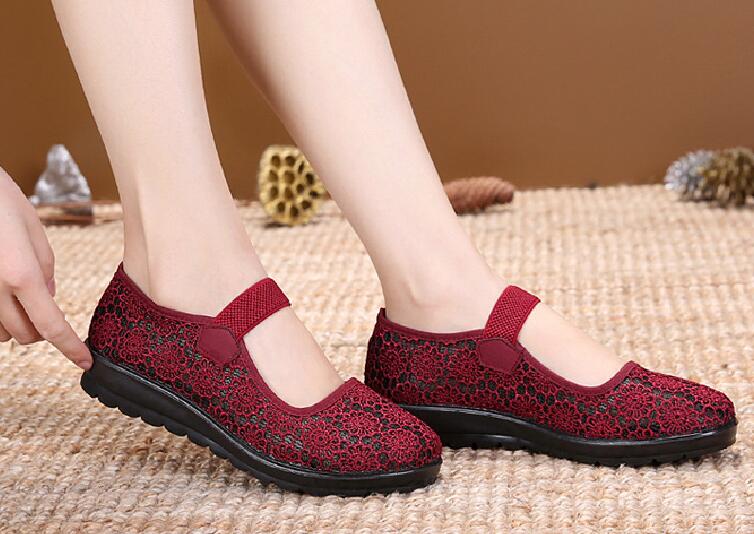 Womens Hollow Out Granny Walk Shoes Breathable Soft-Soled Mary Jane Flats Dance Shoes