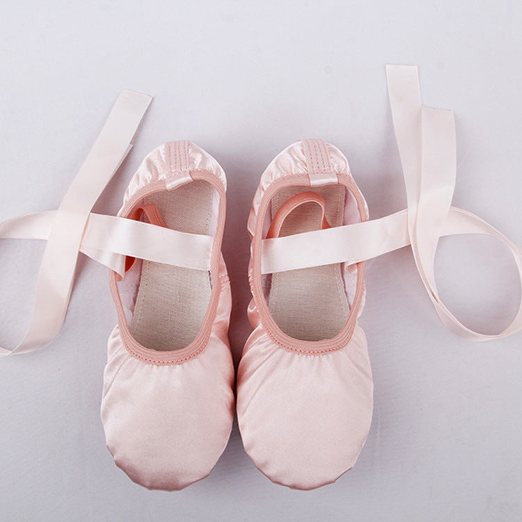 Girls Pink Satin Ballet Dance Slippers Kids Split Sole Ribbon Belly Flat Ballroom Shoes