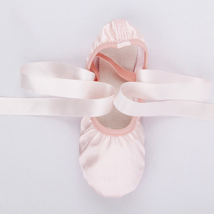 Girls Pink Satin Ballet Dance Slippers Kids Split Sole Ribbon Belly Flat Ballroom Shoes