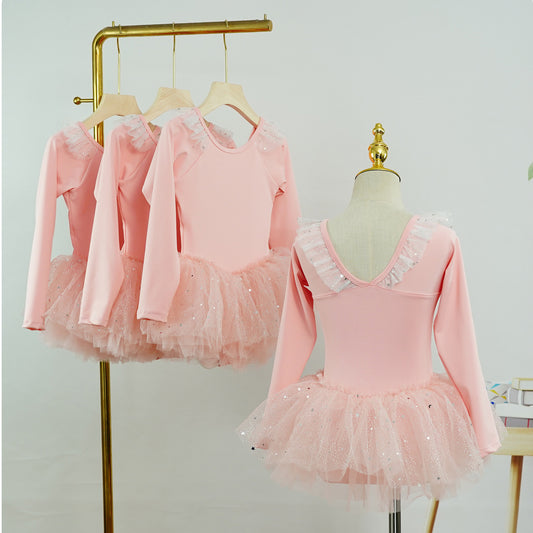 Sparkly Ruffled Lace Neckline Pink Long Sleeved Girls Ballet Leotard Dress Stage Performance Wear
