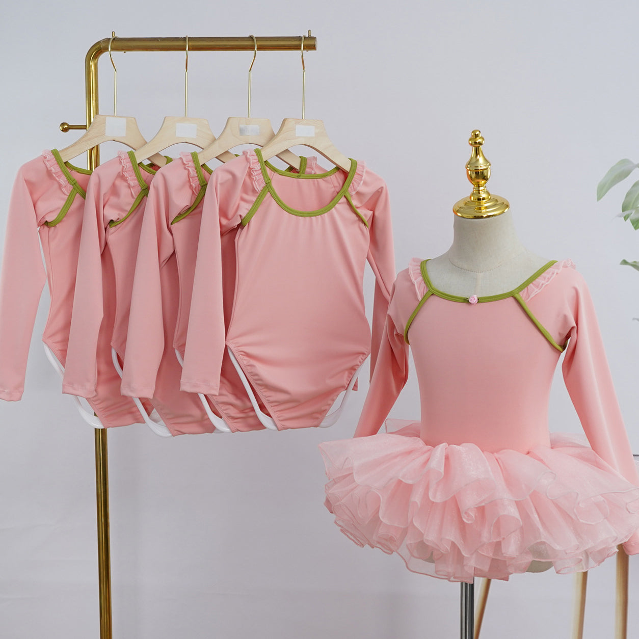 New Design Girls Long Sleeve Ballet Training Dance Wear 2 Piece Set Gymnastic Leotard with Skirt Pink