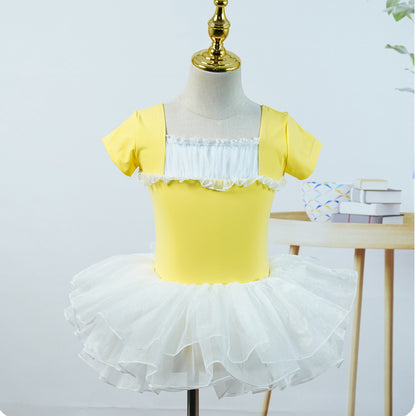 missfiona Girls Ruched Neck Dance Practice Suit Kids Short Sleeve Ballet Leotard Dress Set