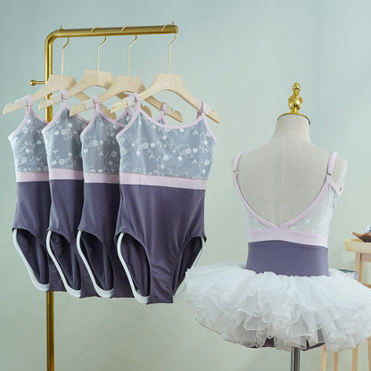 missfiona Girls Colorblocked Ballet Dance Leotards Lace Top V Neck Back Activewear