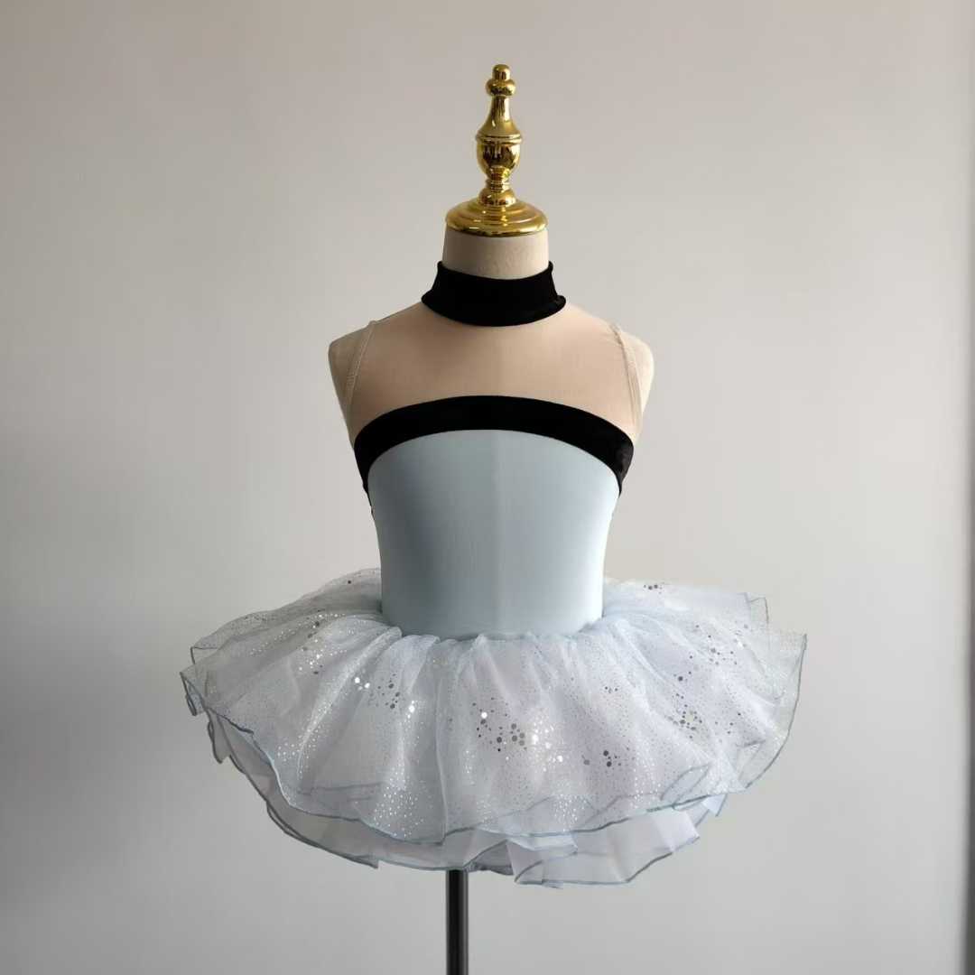 Girls High Neck Ballet Leotard Cutout Mesh Back Dance Leoard Dress Set Activewear