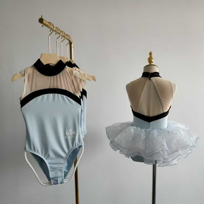 Girls High Neck Ballet Leotard Cutout Mesh Back Dance Leoard Dress Set Activewear
