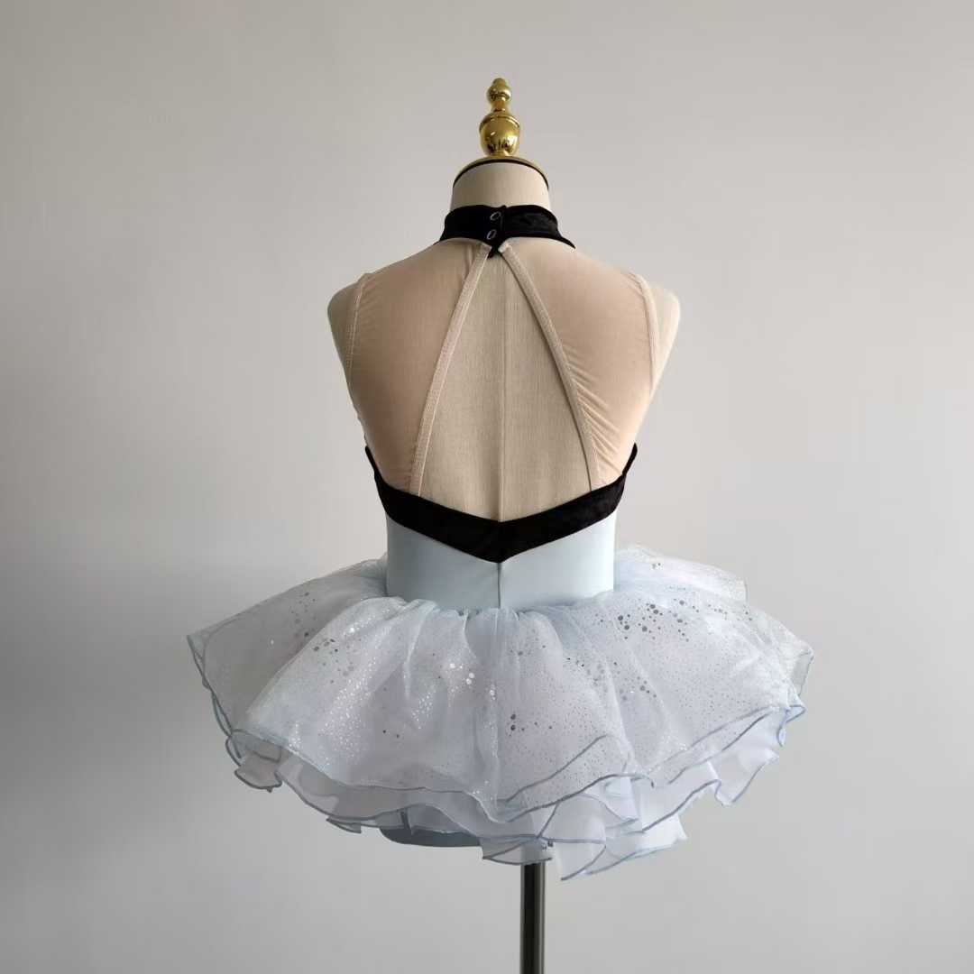Girls High Neck Ballet Leotard Cutout Mesh Back Dance Leoard Dress Set Activewear