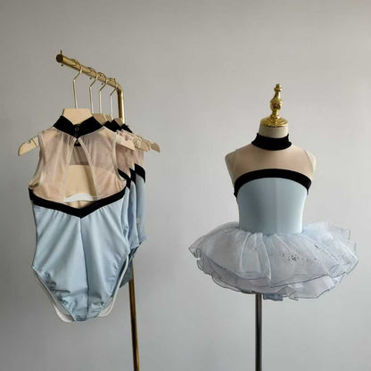Girls High Neck Ballet Leotard Cutout Mesh Back Dance Leoard Dress Set Activewear