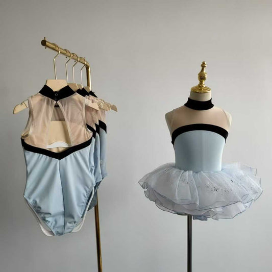 Girls High Neck Ballet Leotard Cutout Mesh Back Dance Leoard Dress Set Activewear
