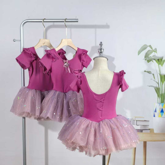 Girls Ruffled Short Sleeves Ballet Dance Leotard Dress with Low Back Stage Performance Wear