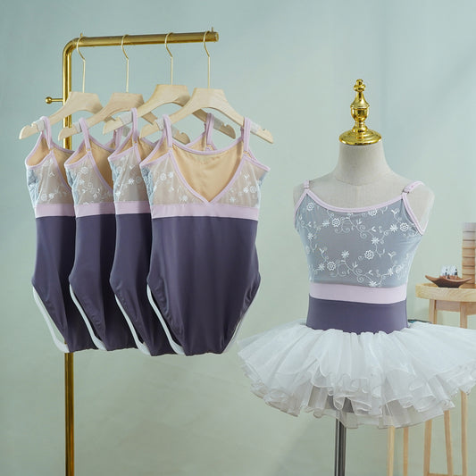 missfiona Girls Colorblocked Ballet Dance Leotards Lace Top V Neck Back Activewear