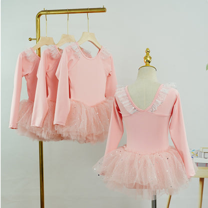 Sparkly Ruffled Lace Neckline Pink Long Sleeved Girls Ballet Leotard Dress Stage Performance Wear