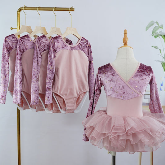 Purple Pink Velvet Top Ballet Leotard Long Sleeves Ballet Training Dance Leotard Dress