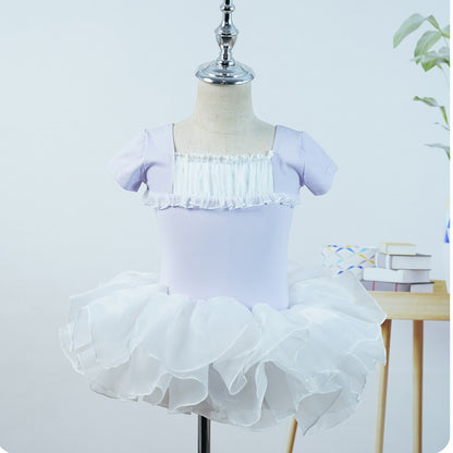 missfiona Girls Ruched Neck Dance Practice Suit Kids Short Sleeve Ballet Leotard Dress Set