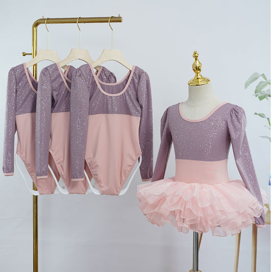 missfiona Girls Sparkly Long Sleeves Ballet Leotards Colorblocked Stage Performance Activewear