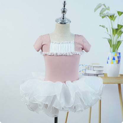 missfiona Girls Ruched Neck Dance Practice Suit Kids Short Sleeve Ballet Leotard Dress Set