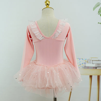 Sparkly Ruffled Lace Neckline Pink Long Sleeved Girls Ballet Leotard Dress Stage Performance Wear