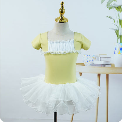 missfiona Girls Ruched Neck Dance Practice Suit Kids Short Sleeve Ballet Leotard Dress Set