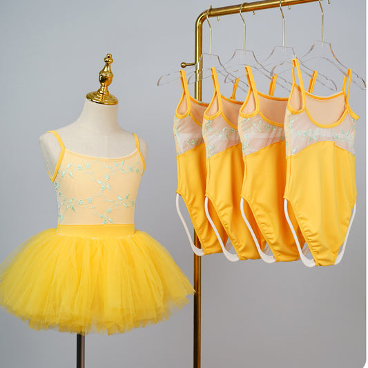 missfiona Girls Yellow Ballet Leotard Flower Embroidery Top Tutu Skirt Set Dance Activewear