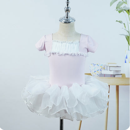 missfiona Girls Ruched Neck Dance Practice Suit Kids Short Sleeve Ballet Leotard Dress Set