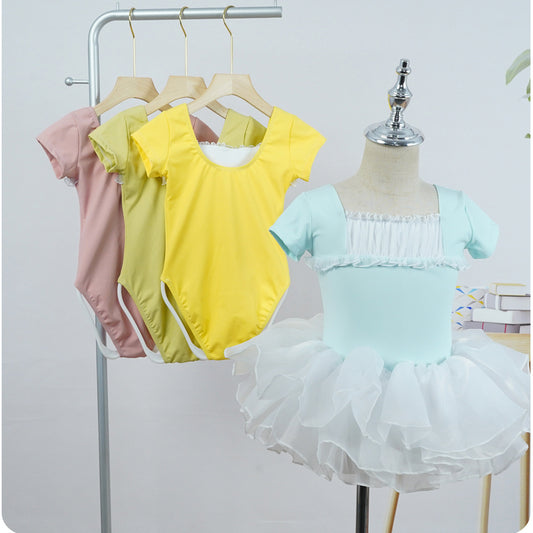 missfiona Girls Ruched Neck Dance Practice Suit Kids Short Sleeve Ballet Leotard Dress Set