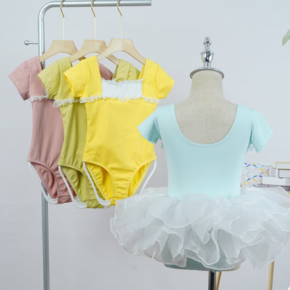 missfiona Girls Ruched Neck Dance Practice Suit Kids Short Sleeve Ballet Leotard Dress Set