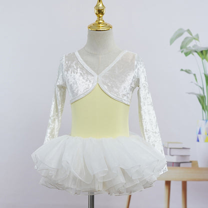Girls 2025 White Yellow Long Sleeves Ballet Dance Leotard Velvet Top Autumn Training Wear