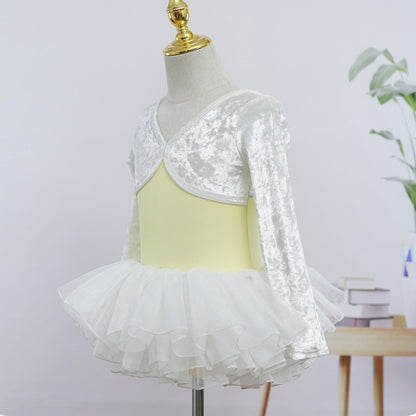 Girls 2025 White Yellow Long Sleeves Ballet Dance Leotard Velvet Top Autumn Training Wear