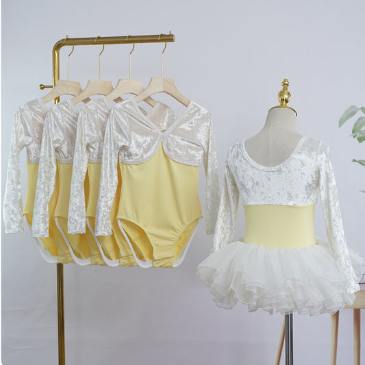 Girls 2025 White Yellow Long Sleeves Ballet Dance Leotard Velvet Top Autumn Training Wear