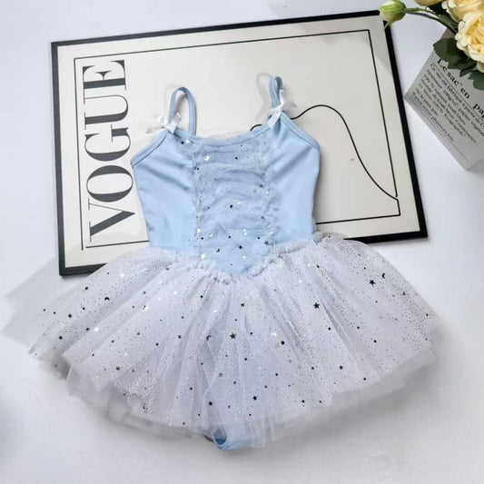 Girls Sparkly Skirted Ballet Leotard Kids Cute Blue Sleeveless Dance Training Leotard Dress