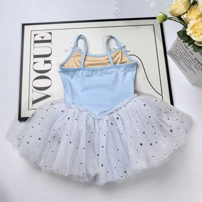 Girls Sparkly Skirted Ballet Leotard Kids Cute Blue Sleeveless Dance Training Leotard Dress