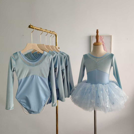 Girls Blue Long Sleeves Dance Leotard Tutut Dress Princess Party Ballet Costume Dress