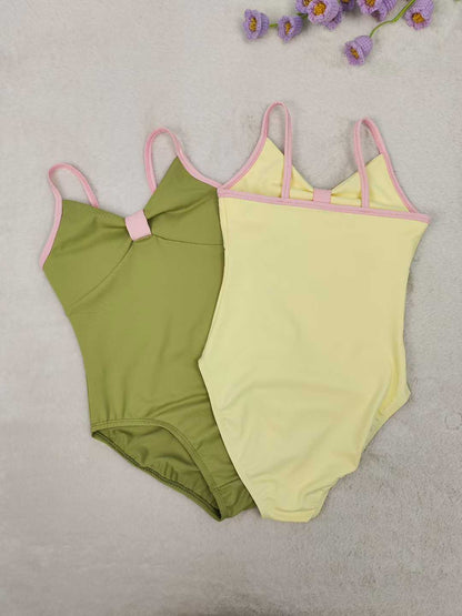 Girls Bowknot Top Ballet Leotard Dress for Dancing Two Tone Candy Color 2 Pcs Set Dance Leotard with Spaghetti Straps