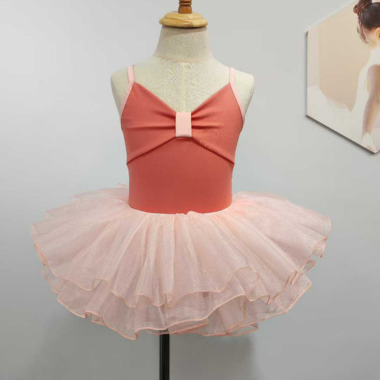 Girls Bowknot Top Ballet Leotard Dress for Dancing Two Tone Candy Color 2 Pcs Set Dance Leotard with Spaghetti Straps