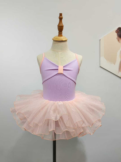 Girls Bowknot Top Ballet Leotard Dress for Dancing Two Tone Candy Color 2 Pcs Set Dance Leotard with Spaghetti Straps