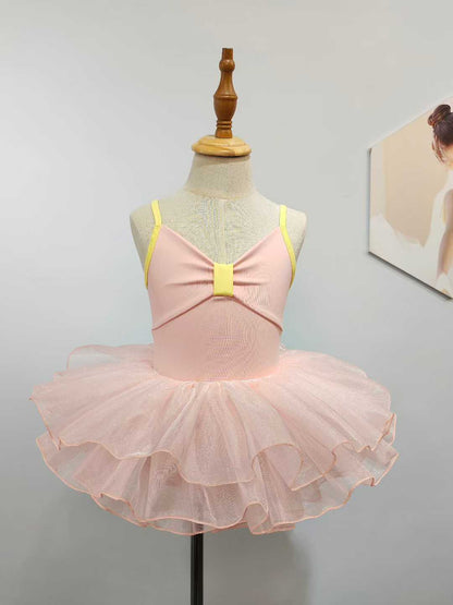 Girls Bowknot Top Ballet Leotard Dress for Dancing Two Tone Candy Color 2 Pcs Set Dance Leotard with Spaghetti Straps