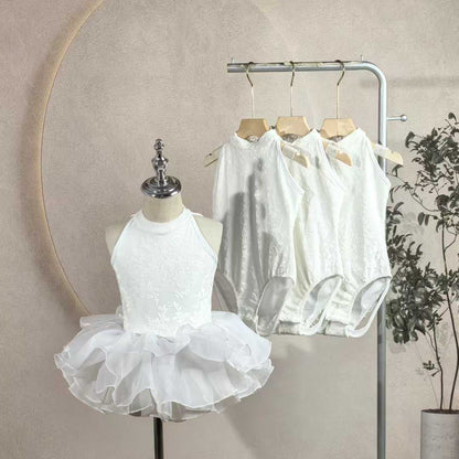 Girls White Lace Ballet Leotard Kids High Neck Tutu Dance Leotard Princess Dress