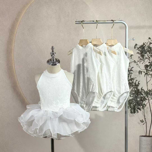 Girls White Lace Ballet Leotard Kids High Neck Tutu Dance Leotard Princess Dress