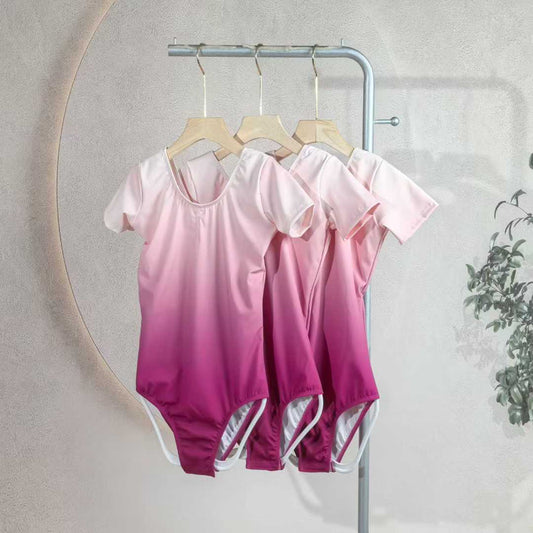 Pink Ombre Print Ballet Practice Leotard for Girls Short Sleeves Dance Leotard Stage Performance Wear