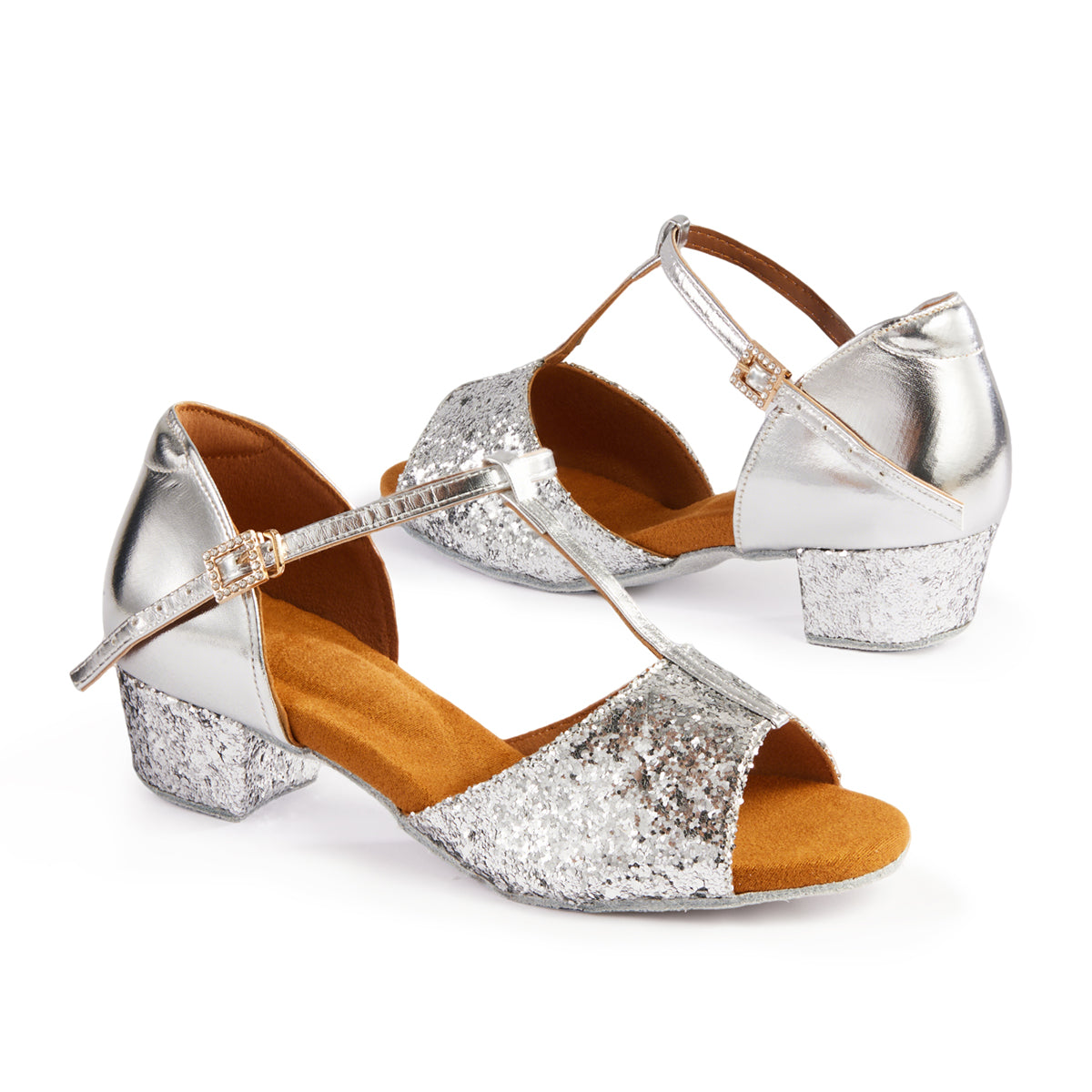 missfiona Girls Glitter T-strap Ballroom Party Dancing Shoes Women Pu Leather Beginner Low Heels