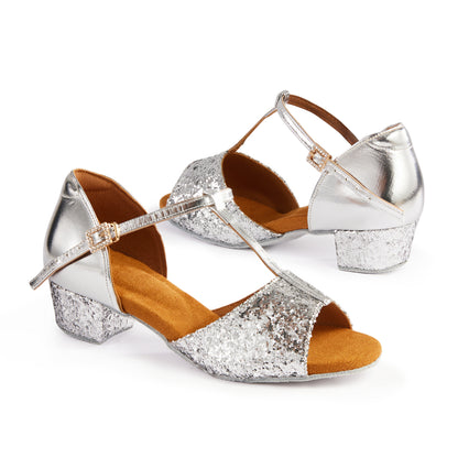 missfiona Girls Glitter T-strap Ballroom Party Dancing Shoes Women Pu Leather Beginner Low Heels